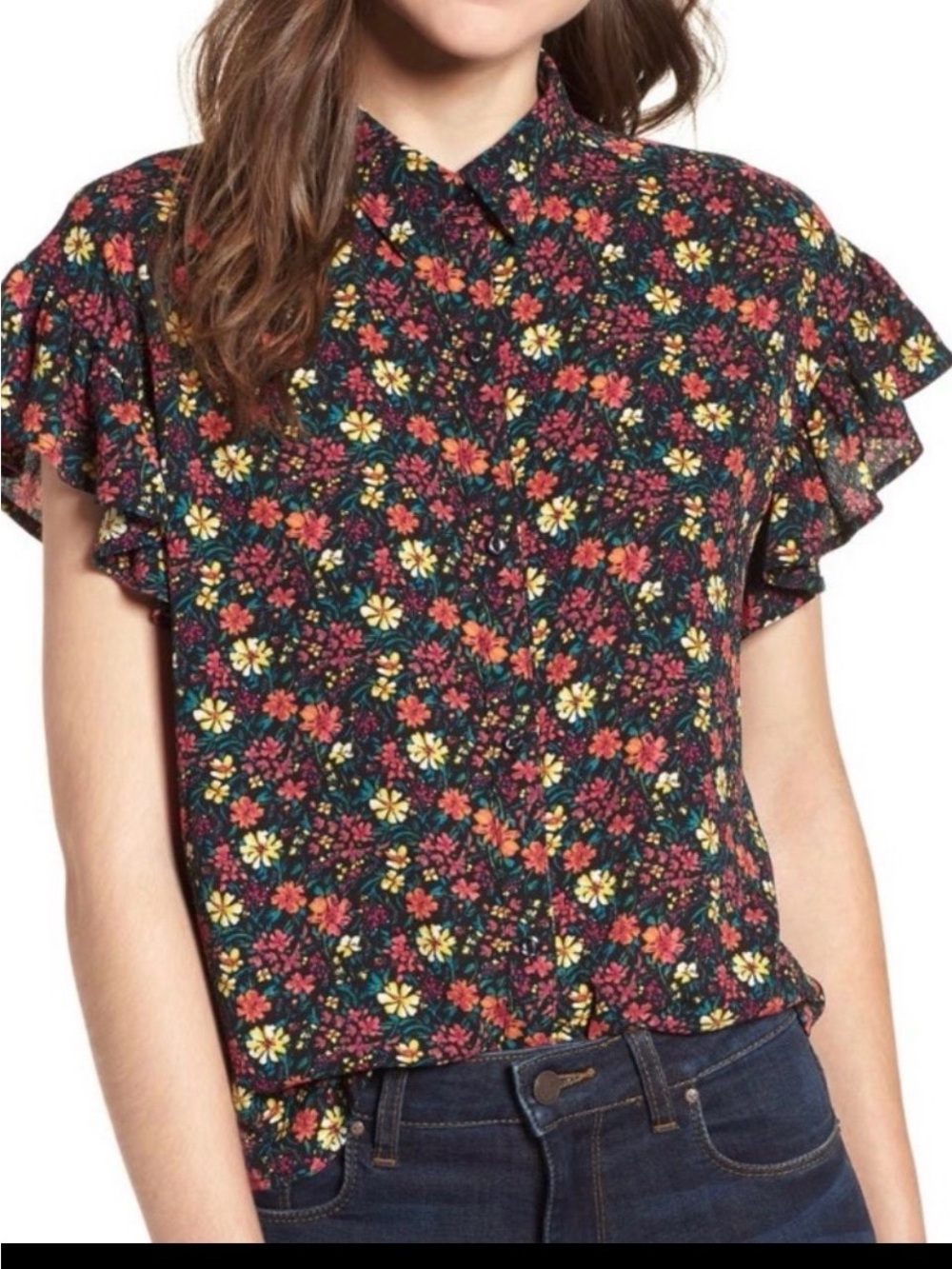 Bp Nordstrom Floral Button Up Blouse Black Pink S Feminine Ruffles Lightweight